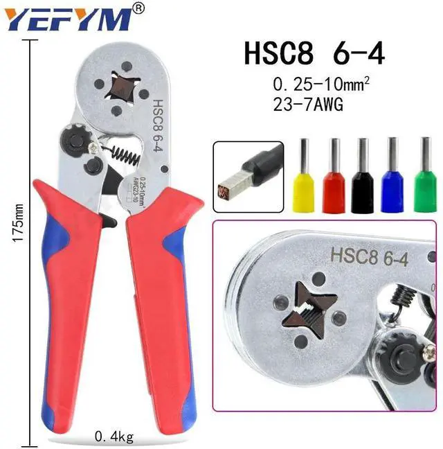Main image of First picture~HSC8 6-4 ferrule Crimping pliers 0.25-10mm² Automatic crimping wire crimper tools mini electrician suit kit with terminals box(Gold HSC8 6-4
)