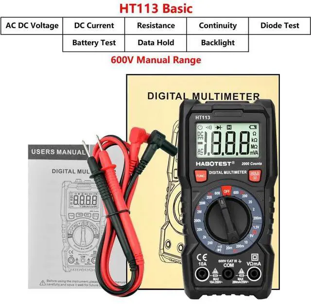 Main image of First picture~ Handheld Digital Multimeter 600V 10A AC DC Voltage Current Ohm Hz True RMS Capacitance DMM C/F Tester Multitester(Purple HT113 Basic
)