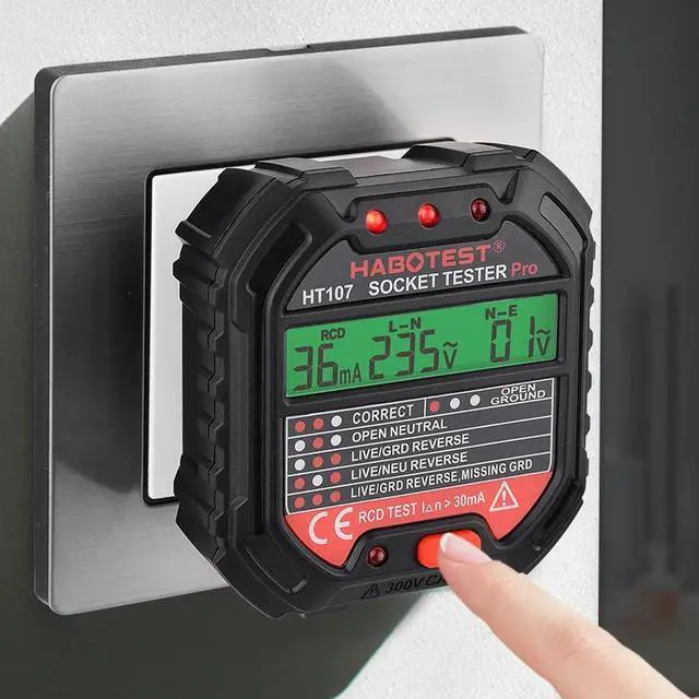 Alt view image 2 of 7 - First picture~ Socket Tester pro Voltage Test RCD 30mA Socket Detector UK EU plug Ground Zero Line plug polarity phase Check(Black HT106D Euro Socket
)