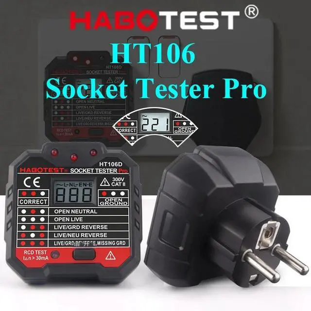 Alt view image 5 of 7 - First picture~ Socket Tester pro Voltage Test RCD 30mA Socket Detector UK EU plug Ground Zero Line plug polarity phase Check(Black HT106D Euro Socket
)