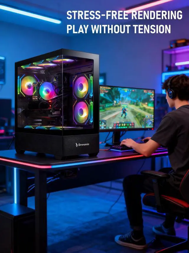 Alt view image 3 of 7 - Gaming PC Desktop Ryzen 7 5800X up to 4.7GHz, Radeon RX 5500 XT 8GB GDDR6, 16GB DDR4, 1TB NVMe SSD, Liquid Cooled, WiFi 6 & BT 5.4, 9X ARGB Fans, Windows 11, RGB Keyboard & Mouse