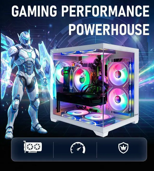 Alt view image 4 of 7 - White Gaming Workstation PC i7 Xeon up to 3.2GHz, Radeon RX 580 8GB GDDR5, 64GB RAM, 512GB NVMe + 1TB HDD, WiFi 6 & BT 5.4, Liquid Cooled, 8× ARGB Fans, Windows 11, RGB Keyboard & Mouse