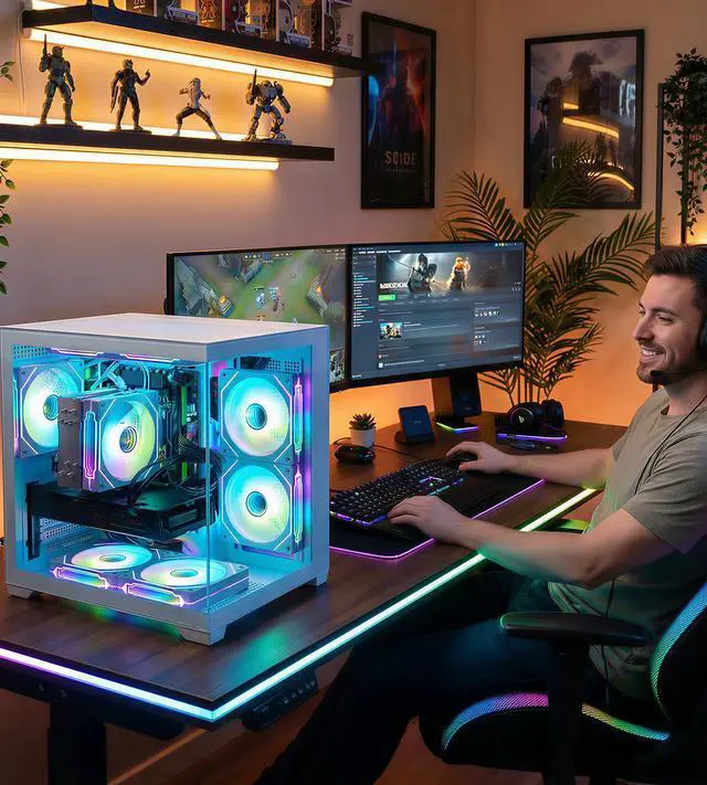 Alt view image 7 of 7 - Prebuilt Gaming PC Desktop Computer, Ryzen 5 5500 up to 4.2GHz, 16GB DDR4 RAM, 1TB NVMe SSD, Radeon RX 580 8GB, WiFi 6 & Bluetooth 5.4, Windows 11,ARGB Fans, Budget 1080P Starter Gaming PC