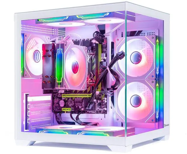 Main image of Gaming PC White Computer Desktop Ryzen 5 5500 up to 4.2GHz, GeForce GT1030, 16GB DDR4 RAM, 1TB NVMe SSD, WiFi 6 & BT 5.4, Windows 11, 8× ARGB Fans, 650W PSU