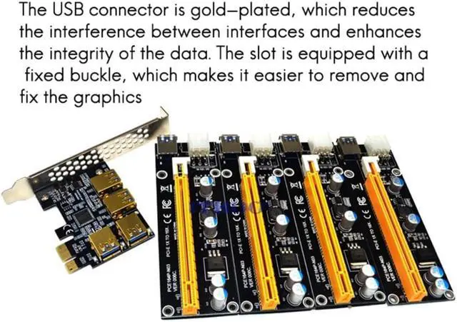 Alt view image 3 of 6 - PCI-E 1 to 4 USB3.0 Expansion Card+4XPCIE 1X to 16X Large 4Pin image Card Extension Cable Adapter Card for BTC Mining
