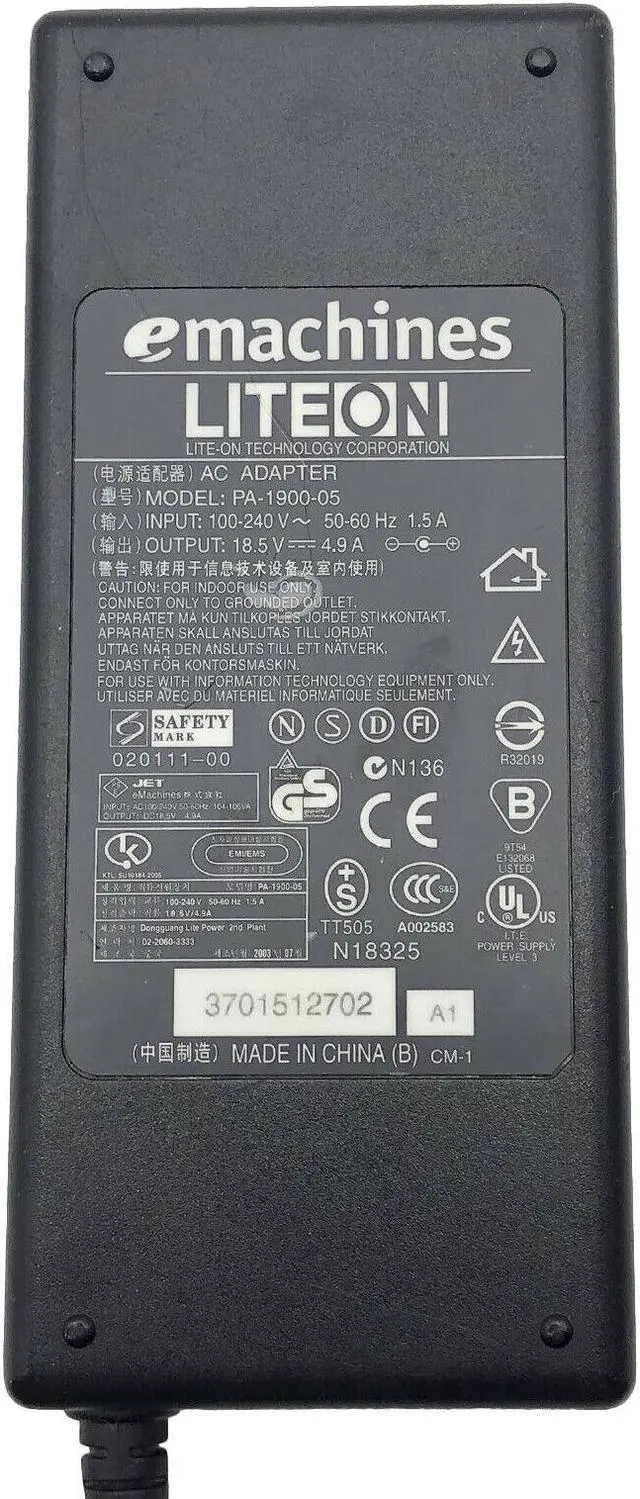 Alt view image 2 of 7 - Genuine LiteOn 90W AC Power Adapter for eMachines M2105 M5000 M5105 M5116 w/Cord