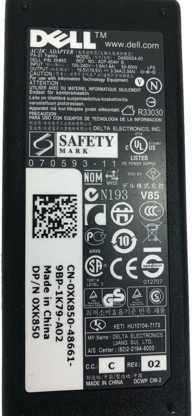 Alt view image 4 of 4 - Genuine 65W Dell DA65NS4-00 AC Adapter Charger XK850 19.5V Octagon Tip w/PC OEM
