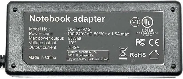 Alt view image 5 of 5 - Genuine Battery Technology DL-PSPA12 Notebook Adapter 65W W/P.Cord