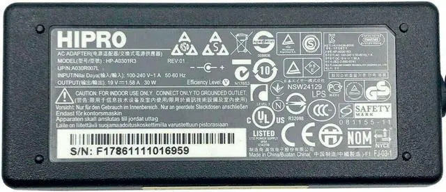 Alt view image 5 of 5 - Genuine Hipro HP-A0301R3 AC Adapter 19V 1.58A Power Charger 30W W/Cord OEM