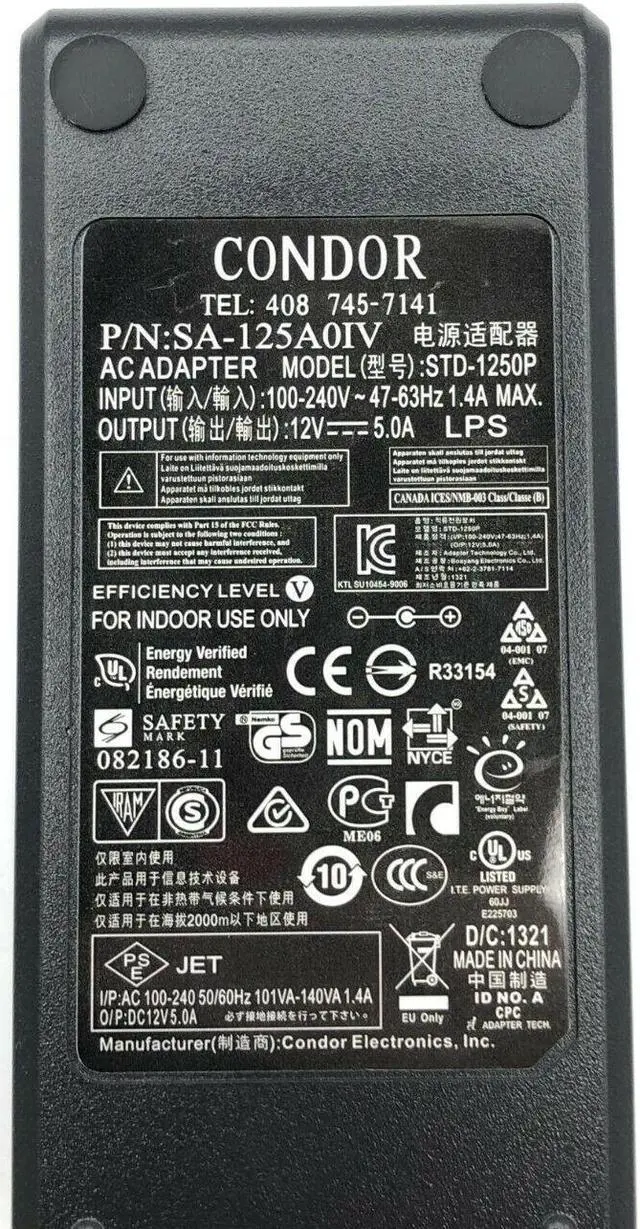 Alt view image 5 of 5 - Genuine Condor STD-1250P AC/DC Power Supply Adapter 12V 5A 60W OEM w/PC