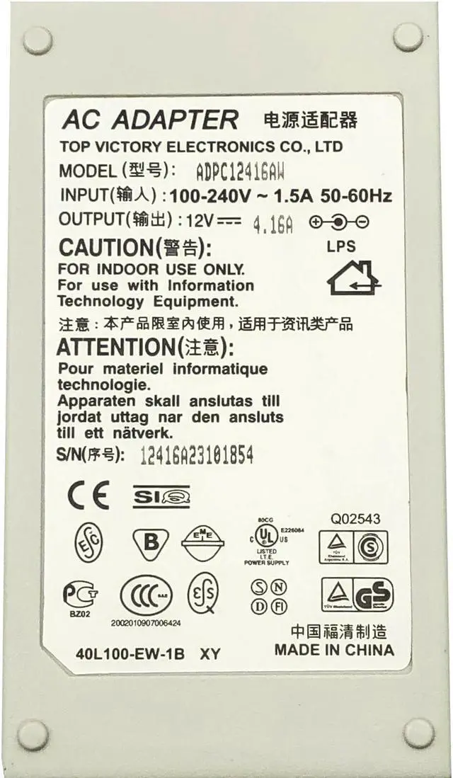 Alt view image 6 of 6 - Genuine Top Victory Electronics ADPC12416AW AC Adapter 12V 4.16A w/Cord