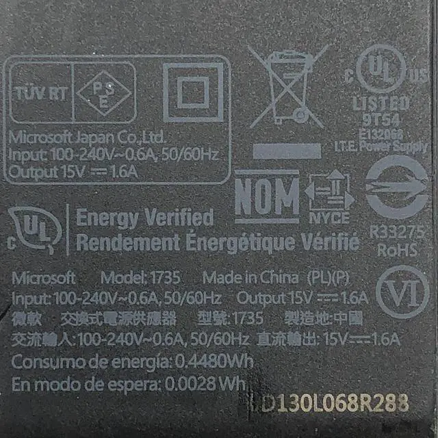 Alt view image 5 of 5 - Genuine 24W Microsoft AC DC Wall Adapter 15V 1.6A Charger Model 1735 for Surface Laptop 4 Tip 6 pin  Surface GO 1 2 3 with LTE Advanced OEM
