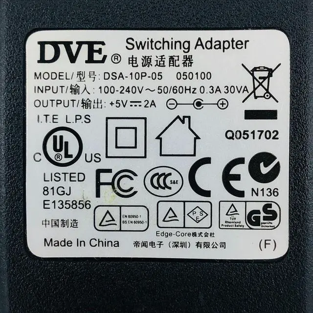 Alt view image 5 of 5 - Genuine DVE DSA-10P-05 050100 AC Switching Adapter Plug-In 5V 2A Power Supply
