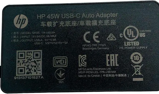 Alt view image 7 of 7 - Genuine 45W HP 5/9/10/12/15V 3A USB-C Auto Adapter Model TPA-L601AA for EliteBook 645 655 G9 640 650 G9 830 865 1040 G9 Spectre X2 12T-A Detachable 2 in 1 Chromebook X360 11 G1 G3 G6 wo/Cord