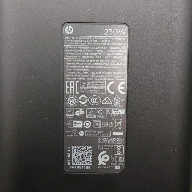 Alt view image 6 of 6 - Genuine HP 230W AC DC Adapter 19.5V 11.8A Model TPN-DA12 P/N L38011-003 TPN-LA10 P/N 924942-001 w/Cord