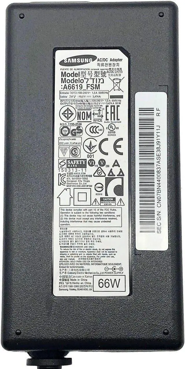 Alt view image 6 of 6 - Genuine Samsung AC/DC Adapter A6619_FSM Power Supply BN44-00837A 19V 3.4A w/Cord