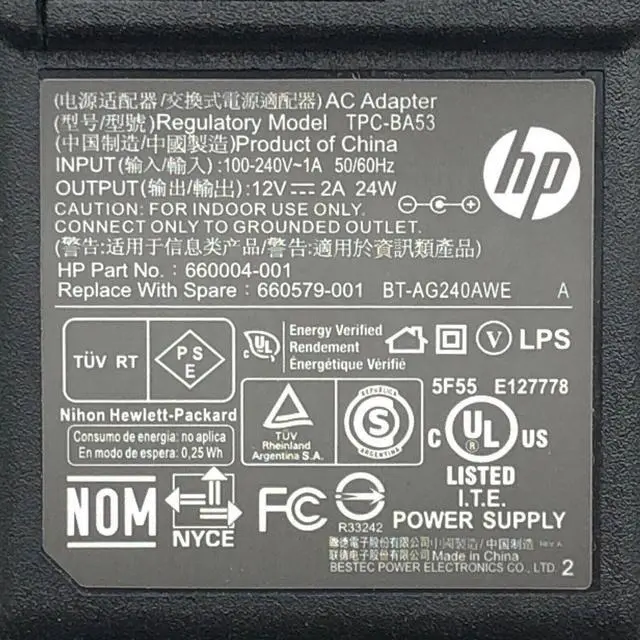 Alt view image 6 of 6 - NEW Genuine 24W HP AC DC Wall Adapter 12V 2A Model TPC-BA53 660004-001 660579-001 BT-AG240AWE 5.5x2.1 Tip