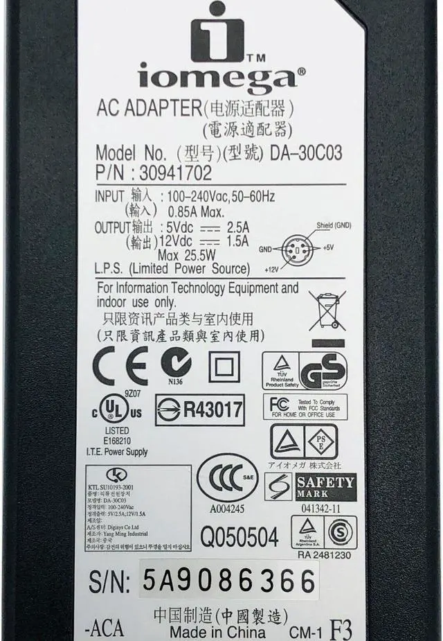 Alt view image 6 of 6 - NEW Genuine Iomega DA-30C03 AC Adapter 5V 2.5A 12V 1.5A Power Supply w/P.Cord
