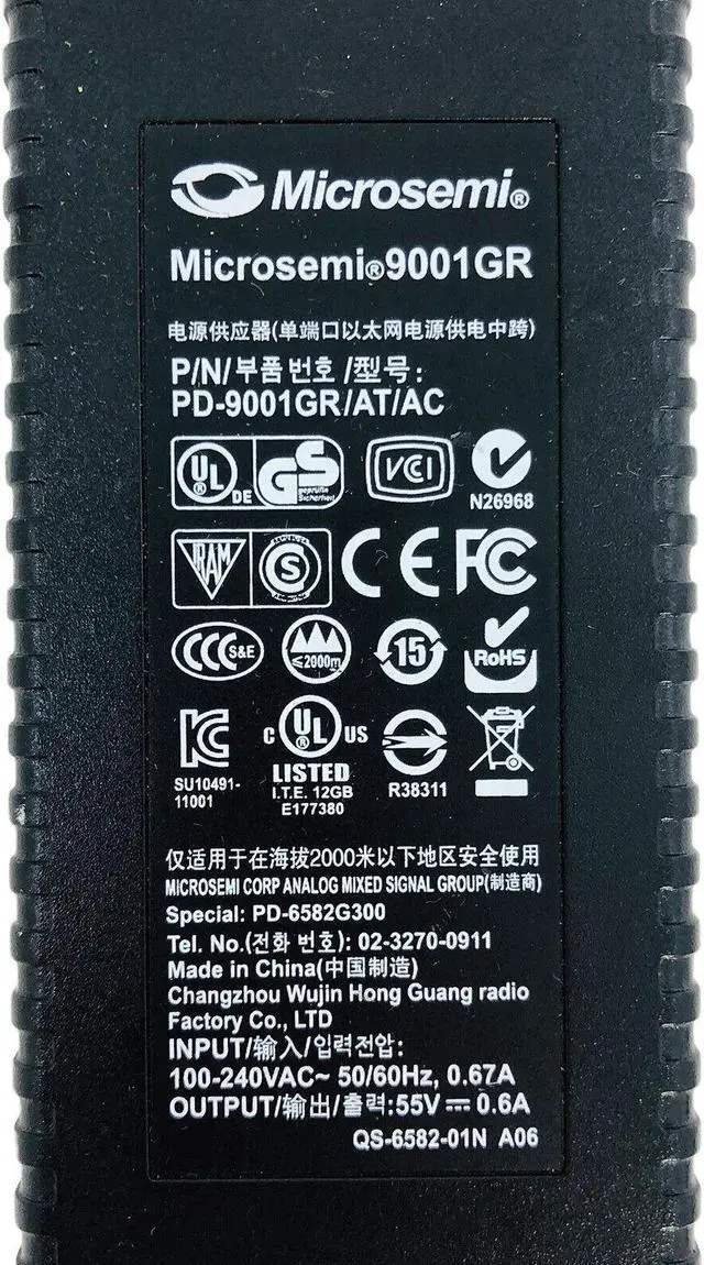 Main image of Microsemi PD-9001 PD-9001GR/AT/AC POE Injector 55V 0.6A 30W Power over Ethernet