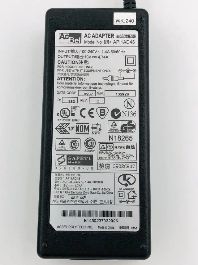 Alt view image 6 of 6 - Genuine 90W AcBel API1AD43 AC Adapter Charger 19V 4.74A Power Supply w/PC OEM