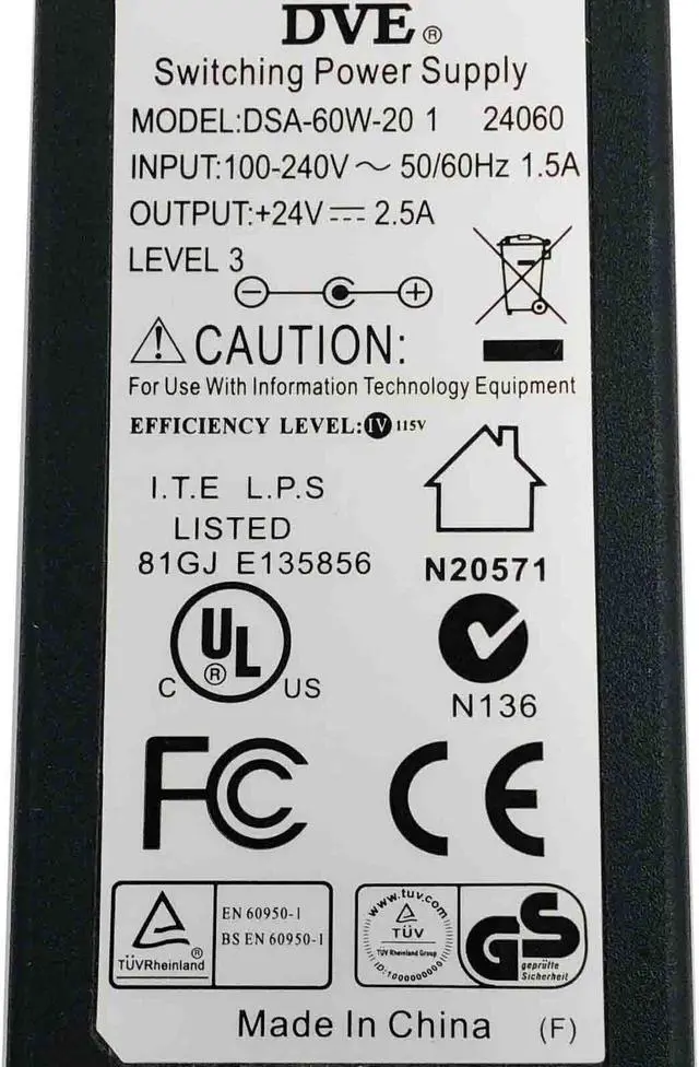 Alt view image 7 of 7 - Genuine DVE DSA-60W-20 AC Adapter 24V 2.5A 60W Tip Size 5.5 mm Power Supply OEM