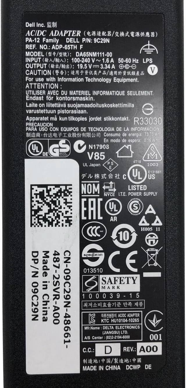 Alt view image 6 of 6 - Genuine 65W Dell DA65NM111-00 AC Adapter Charger ADP-65TH F 4.0x1.7mm w/PC OEM