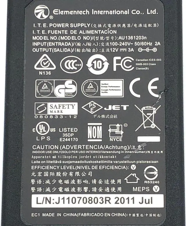 Alt view image 2 of 7 - Original Elementech A140-1120300N AC Power Supply Adapter 12V 3A Charger w/PC