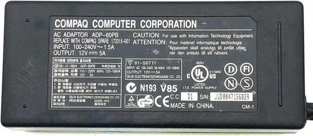 Alt view image 2 of 7 - Genuine 60W HP Compaq AC DC Adapter 12V 5A Model ADP-60PB 91-56711 w/Cord OEM