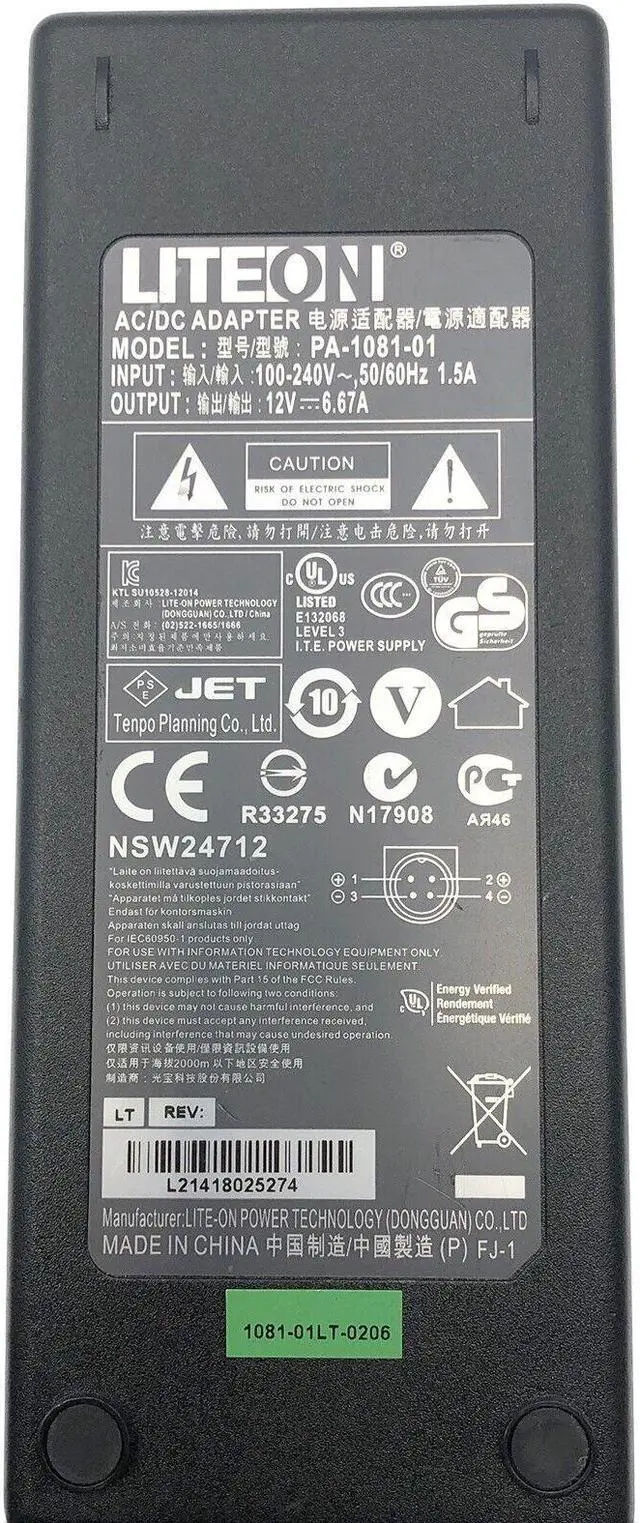 Alt view image 2 of 7 - Original LiteOn 80W 4-PIN AC Power Adapter PA-1081-01 Charger 12V 6.67A w/P.Cord