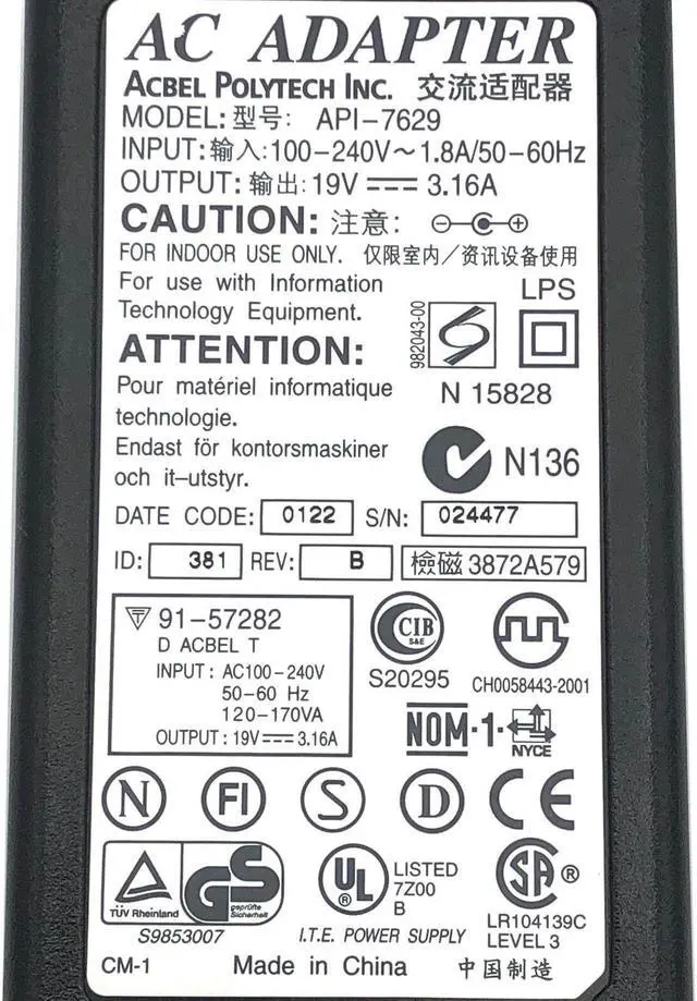 Alt view image 2 of 6 - Original AcBel API-7629 AC Adapter 19V 3.16A 60W Power Supply 5.5x2.5mm w/Cord