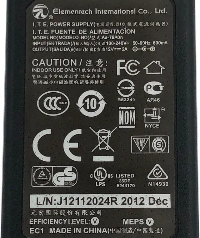 Alt view image 2 of 6 - Original Elementech Au-79A0n AC Adapter Power Supply 12V 2A 24W w/PC
