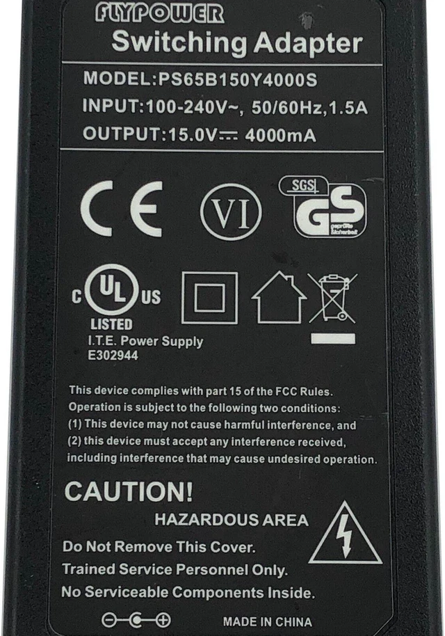 Alt view image 2 of 6 - Genuine Flypower PS65B150Y4000S AC Adapter 15V 4A 60W Power Supply w/Power Cord