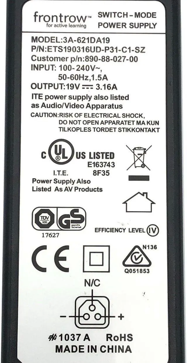 Alt view image 2 of 6 - Genuine Frontrow 3A-621DA19 Switch-Mode Power Supply Adapter 19V 3.16A 60W w/PC