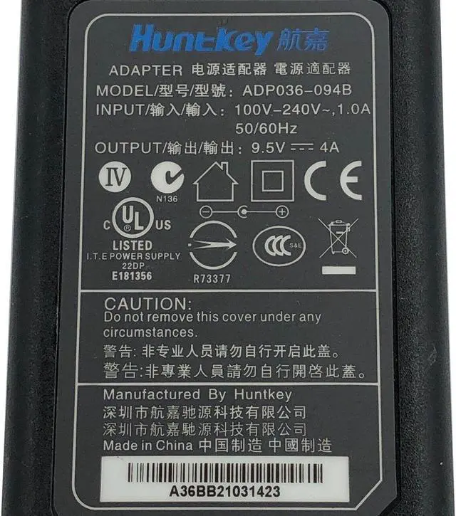 Alt view image 2 of 7 - Genuine 38W Huntkey AC DC Adapter 9.5V 4A Model ADP036-094B w/Cord OEM