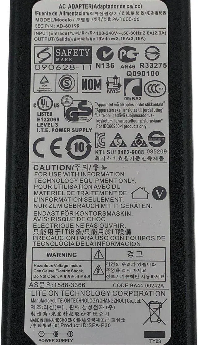 Alt view image 2 of 6 - OEM LiteOn AC Adapter PA-1400-14 AD-6019R Charger 19V 3.16A 60W 5.5*3.3mm w/PC