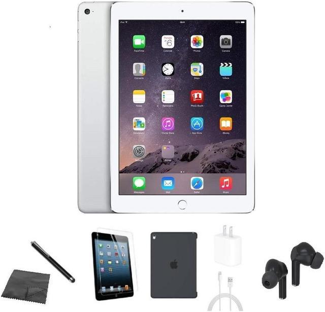Apple iPad Air 2 A1567 (WiFi + Cellular Unlocked) 64GB Silver Bundle w/  Case, Bluetooth Earbuds, Tempered Glass, Stylus, Charger