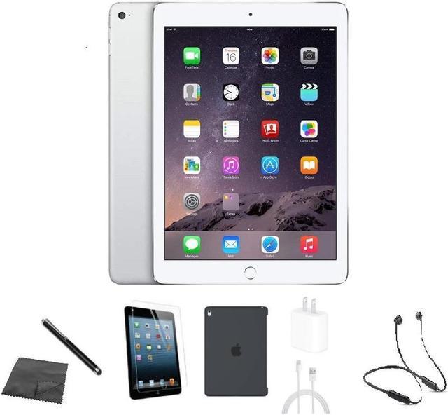 Apple iPad Air 2 A1567 (WiFi + Cellular Unlocked) 64GB Silver Bundle w/  Case, Bluetooth Headset, Tempered Glass, Stylus, Charger