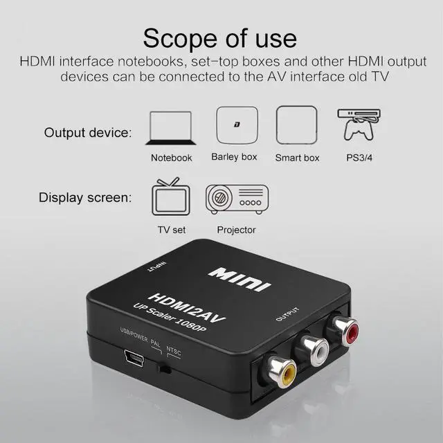 Alt view image 5 of 6 - HDMI to RCA Converter AV/CVSB L/R Video Box HD 1080P 1920*1080 60Hz HDMI2AV Support NTSC PAL Output HDMI To AV