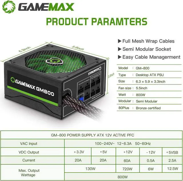 Alt view image 4 of 6 - GAMEMAX GM-800 Power Supply 800W 80+ Bronze Semi Modular