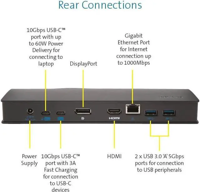 Alt view image 3 of 7 - Kensington SD4600P USB-C Docking Station with Power Delivery Charging for 2015/2016 MacBook Retina 12", Dell XPS 13" 9350/XPS 15" 9550, Dell Precision 5510 (K38231WW)