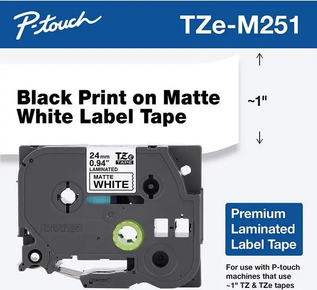 Alt view image 14 of 20 - Brother TZeM251 Black Print on Premium Matte White Laminated Tape for P-touch Label Maker, 24.00 mm (0.94”) wide x 8.00 m (26.2 ft.) long