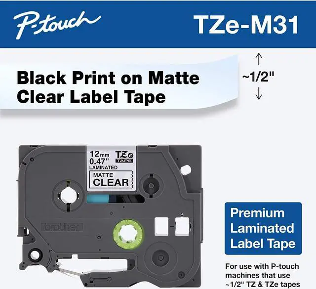Alt view image 15 of 20 - Brother TZeM31 Black Print on Premium Matte Clear Laminated Tape for P-touch Label Maker, 12.00 mm (0.47”) wide x 8.00 m (26.20 ft.) long