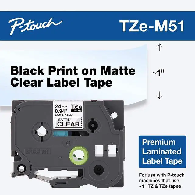 Alt view image 9 of 14 - Brother TZeM51 Black Print on Premium Matte Clear Laminated Tape for P-touch Label Maker, 24.00 mm (0.94”) wide x 8.00 m (26.20 ft.) long