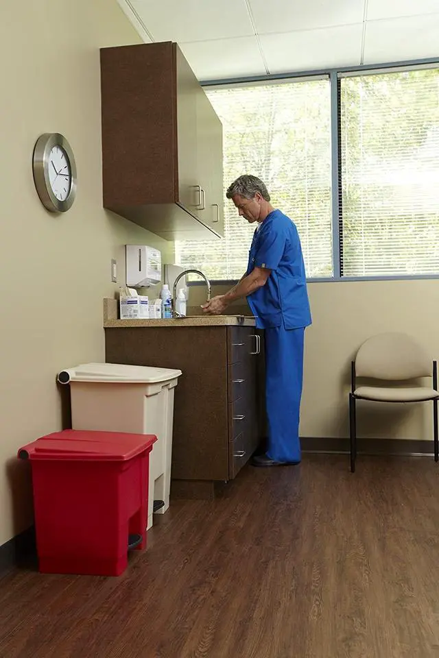 Alt view image 5 of 10 - Rubbermaid Commercial 614300RED Step-on Waste Container - Step-on Opening - 8 gal Capacity - 17.1" Height x 15.8" Width