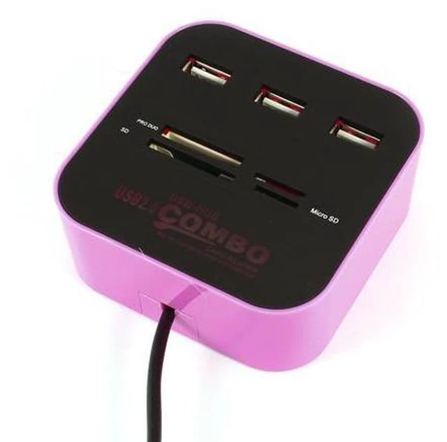 Main image of 3 Port Powered USB 2.0 Hub Expander + Multi Memory Card Reader Pink
