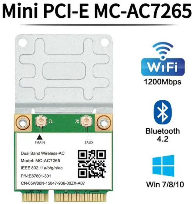 Alt view image 6 of 6 - 1200Mbps Wireless Mini PCI-E 7265AC WiFi Network Card 802.11ac BT4.2 PC Adapter