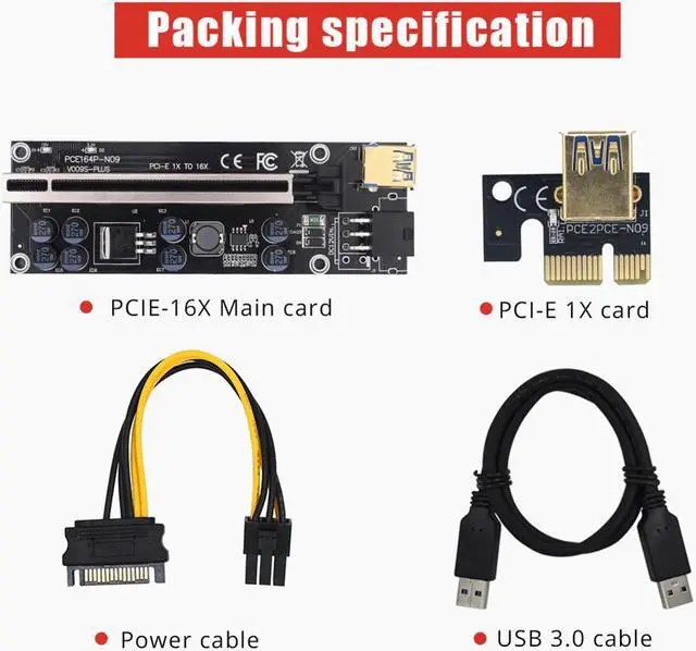Alt view image 5 of 6 - PCI Express Riser Card 1X to 16X PCI-E Extender USB 3.0 Cable 6Pin Power  Black Gold-Plated Graphics Card Extension Line