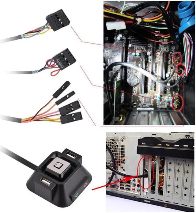 Alt view image 6 of 6 - Desktop Power Switch 1.2m Computer PC Power Supply on/off Reset Button Switch Extender Cable With Dual USB Port Dual Audio Plug
