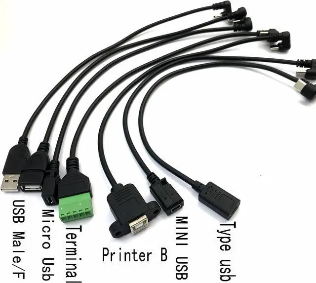 Main image of 25cm mini Usb Male/ usb Male Female/Mrico/ Printer B / Terminal 5P TO Type-c Usb Degree Cables Wholesale