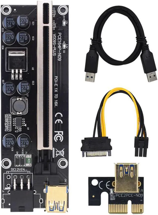 Alt view image 2 of 6 - PCI Express Riser Card 1X to 16X PCI-E Extender USB 3.0 Cable 6Pin Power  Black Gold-Plated Graphics Card Extension Line